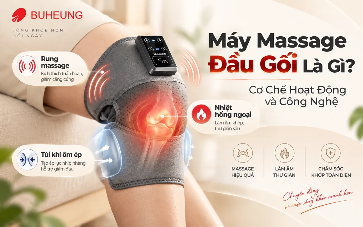 Infographic cơ chế hoạt động rung, nhiệt, túi khí của máy massage đầu gối