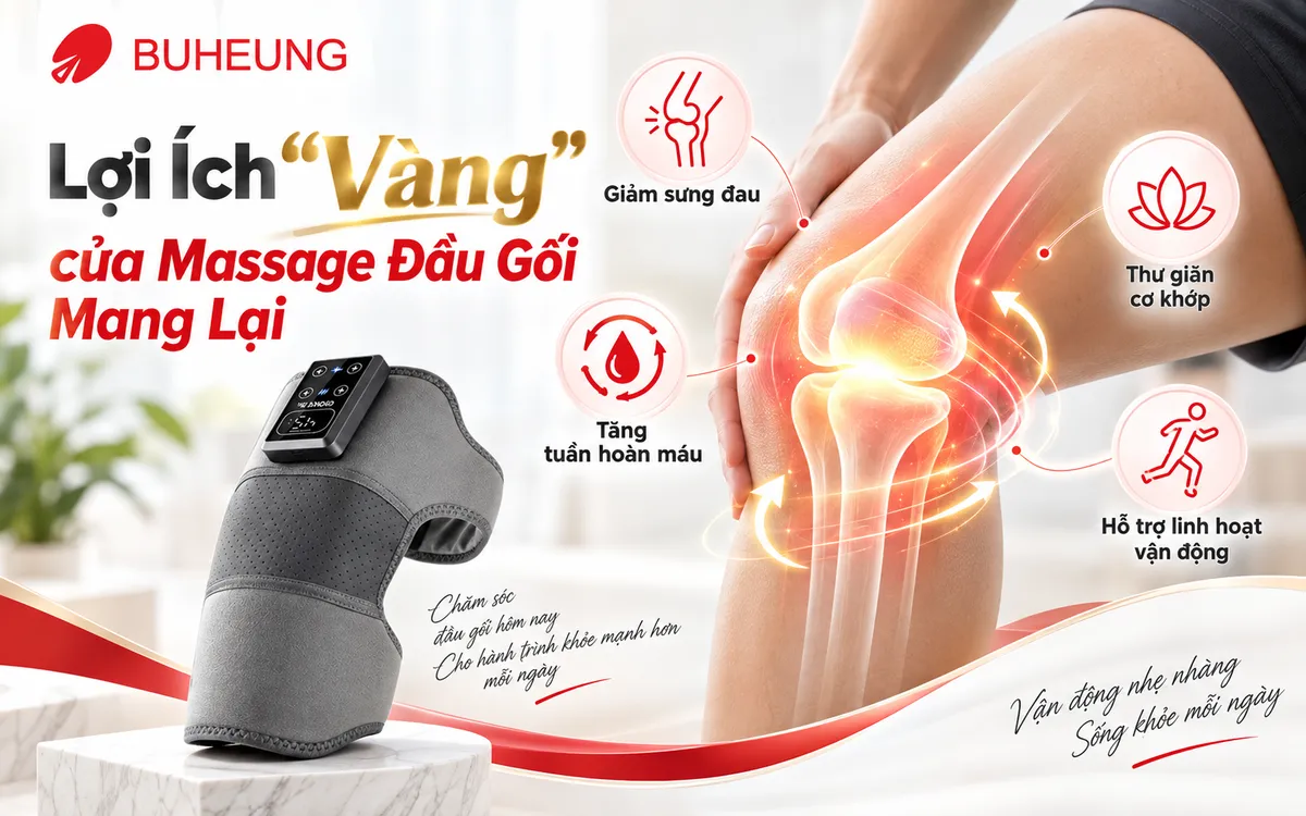 Ảnh minh họa lợi ích của massage đầu gối, bao gồm giảm sưng, tăng cường lưu thông máu và cải thiện linh hoạt khớp.