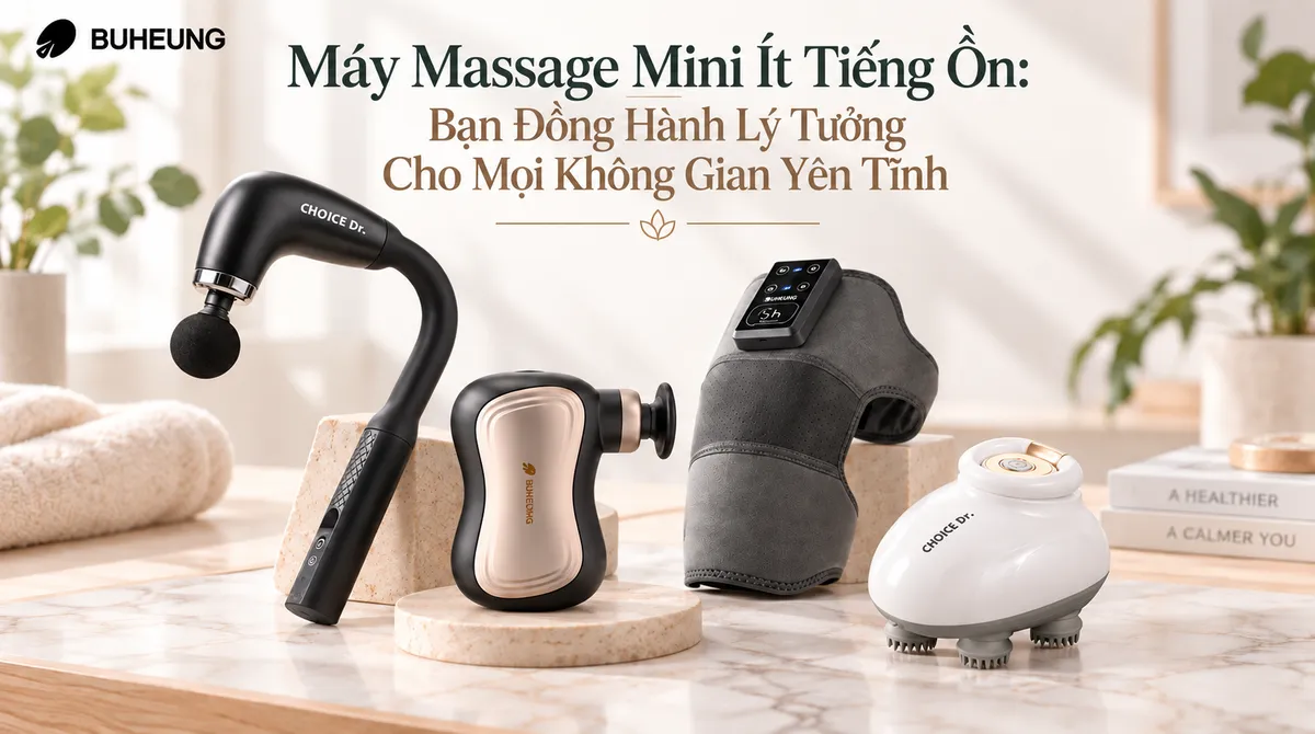 Tổng quan các loại máy massage mini ít tiếng ồn với thiết kế hiện đại, nhỏ gọn, màu sắc trang nhã trên bề mặt sạch sẽ, thể hiện sự tiện lợi và tĩnh lặng.