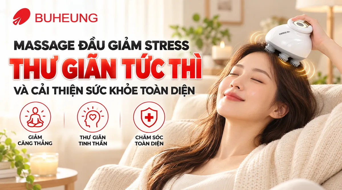 Hình ảnh người phụ nữ thư giãn, mỉm cười bình yên khi massage đầu giúp giảm stress và cải thiện sức khỏe toàn diện.