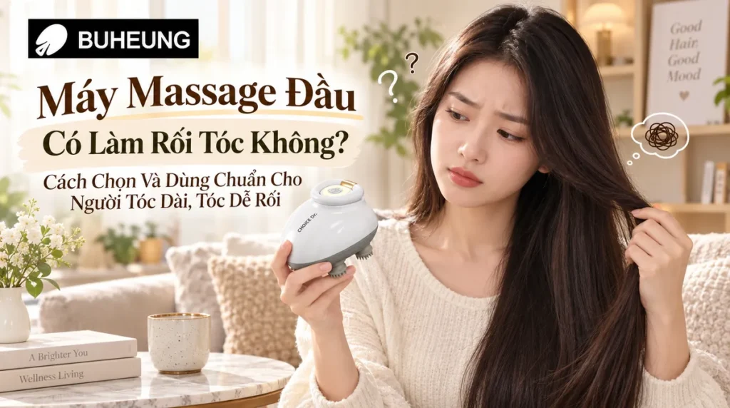 Infographic minh họa các lợi ích của máy massage da đầu: tăng tuần hoàn máu, giảm căng thẳng và giúp tóc chắc khỏe.