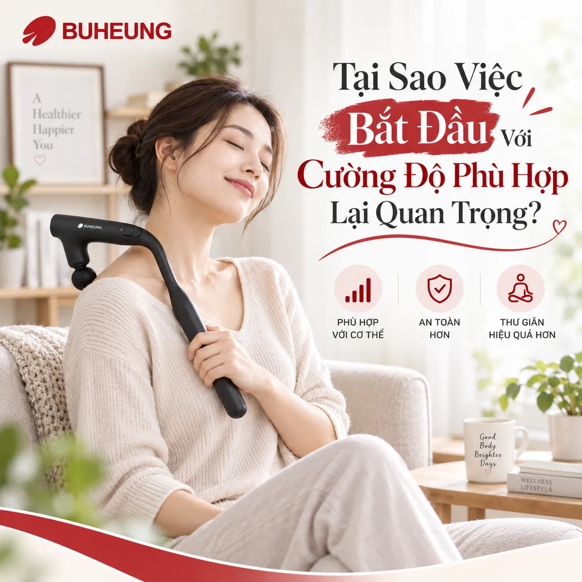 Biểu đồ minh họa các mức cường độ massage từ thấp đến cao, cảnh báo vùng an toàn và rủi ro khi sử dụng thiết bị massage mini, hướng dẫn người mới bắt đầu.