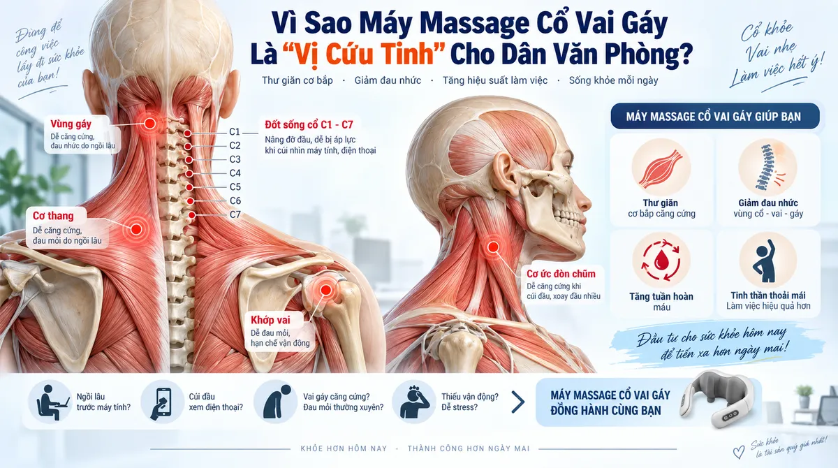Máy Massage Cổ Vai Gáy Cho Dân Văn Phòng: Tiêu Chí Lựa Chọn Và Hướng Dẫn Sử Dụng Hiệu Quả 2 Infographic minh họa các điểm đau mỏi cổ vai gáy phổ biến ở dân văn phòng.