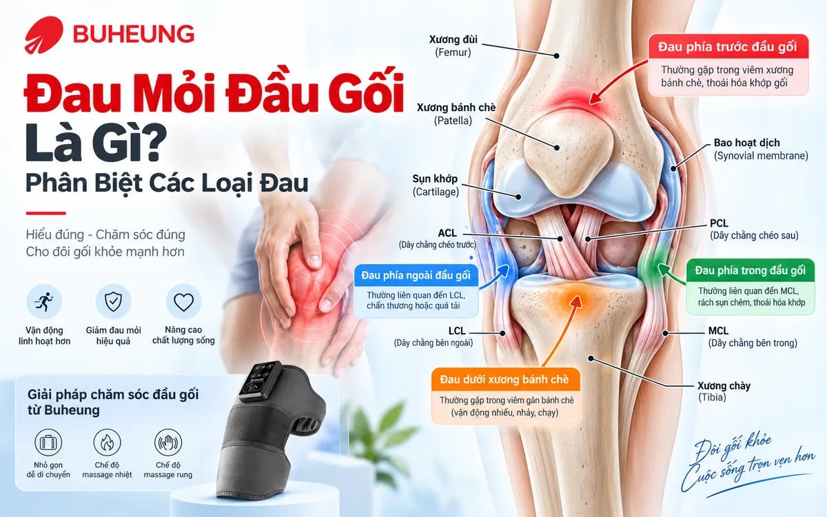 Sơ đồ giải phẫu khớp gối và các vị trí đau mỏi phổ biến, minh họa cấu trúc xương, sụn và dây chằng chi tiết.