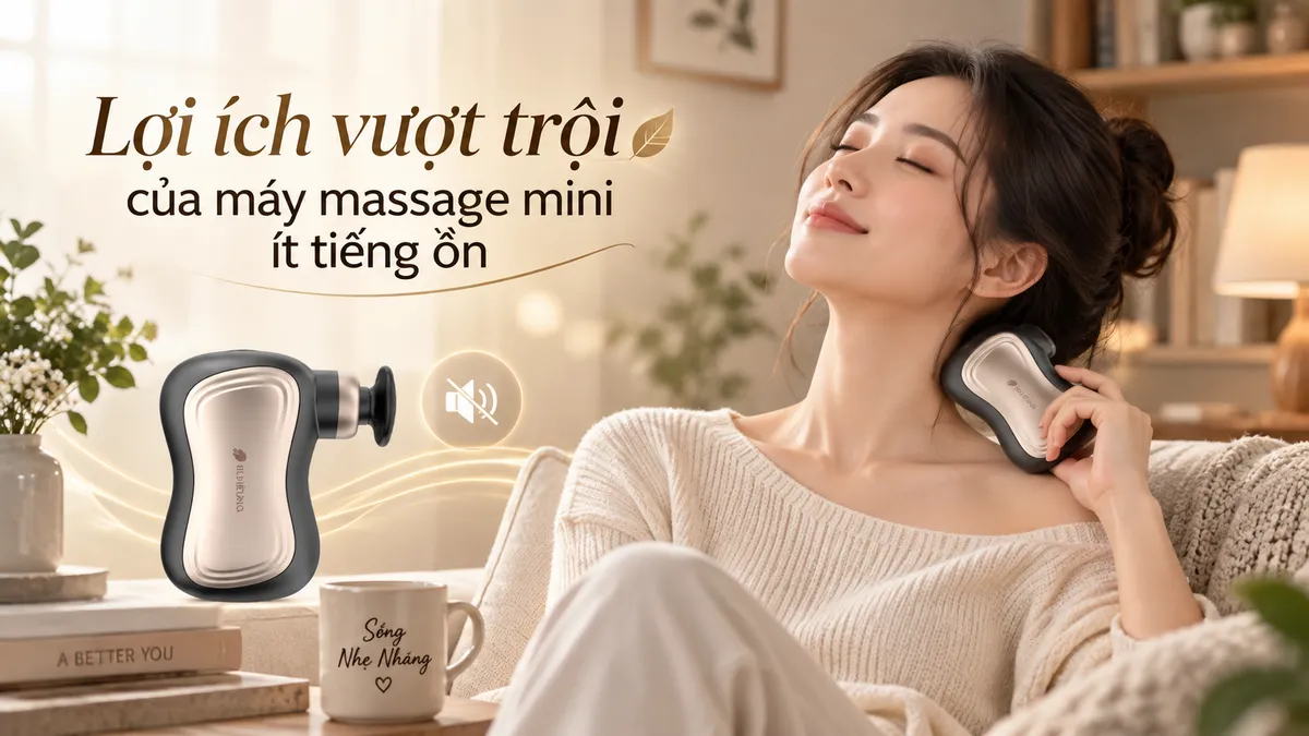 Người dùng thư giãn với máy massage mini ít tiếng ồn trong không gian tĩnh lặng, gương mặt thể hiện sự hài lòng và giải tỏa căng thẳng.
