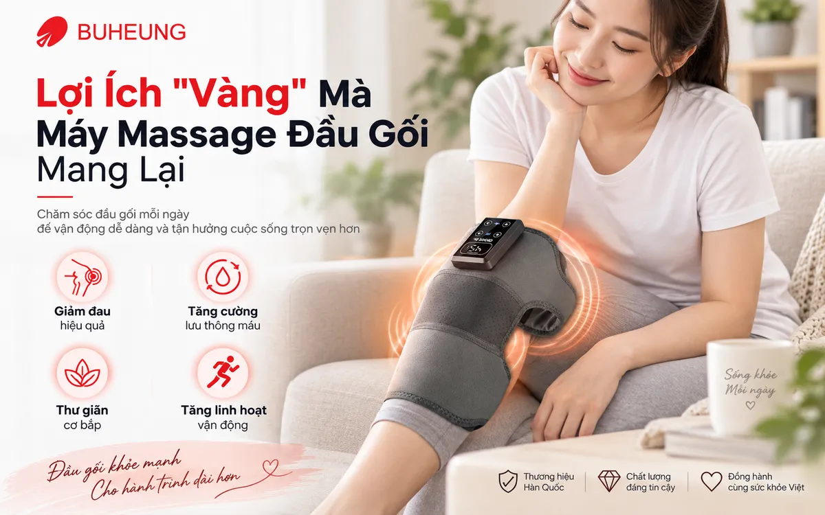 Người dùng tận hưởng cảm giác thư giãn khi dùng máy massage đầu gối với các biểu tượng lợi ích