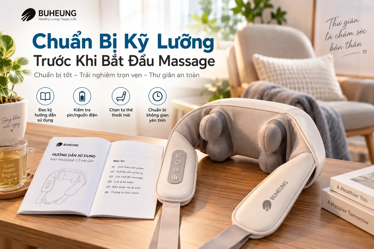 Hình ảnh minh họa sách hướng dẫn sử dụng máy massage cổ vai gáy được đặt cạnh thiết bị trong một không gian thư giãn gọn gàng, nhấn mạnh sự chuẩn bị trước khi dùng.