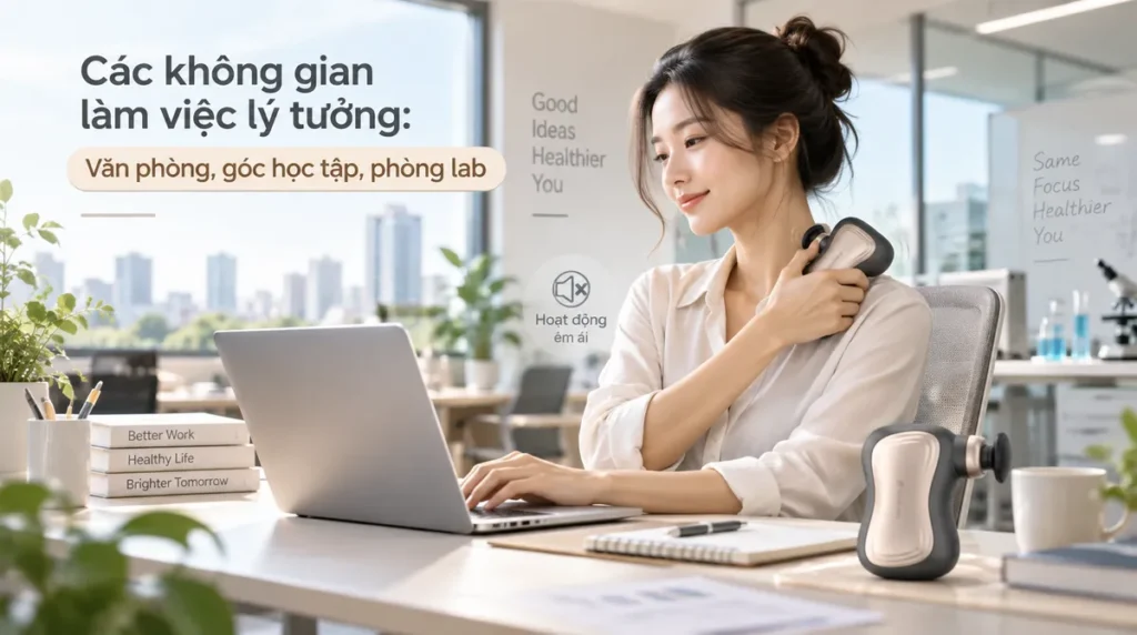 Người sử dụng máy massage mini ít tiếng ồn một cách kín đáo tại bàn làm việc văn phòng, thể hiện sự tiện lợi và không gây ảnh hưởng đến không gian chung.