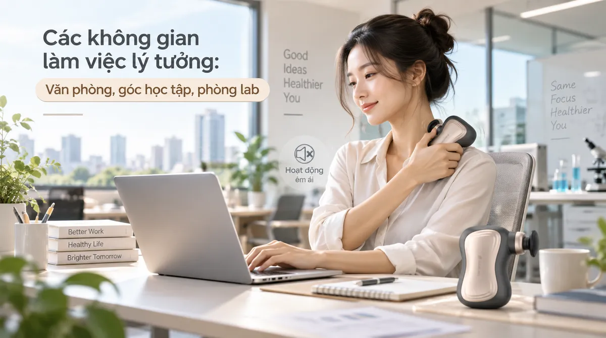 Người sử dụng máy massage mini ít tiếng ồn một cách kín đáo tại bàn làm việc văn phòng, thể hiện sự tiện lợi và không gây ảnh hưởng đến không gian chung.