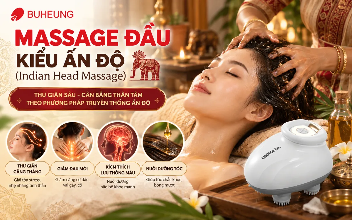 Hình ảnh buổi massage đầu kiểu Ấn Độ truyền thống với dầu dưỡng, tập trung vào kỹ thuật xoa bóp thư giãn sâu vùng đầu, cổ, vai gáy.