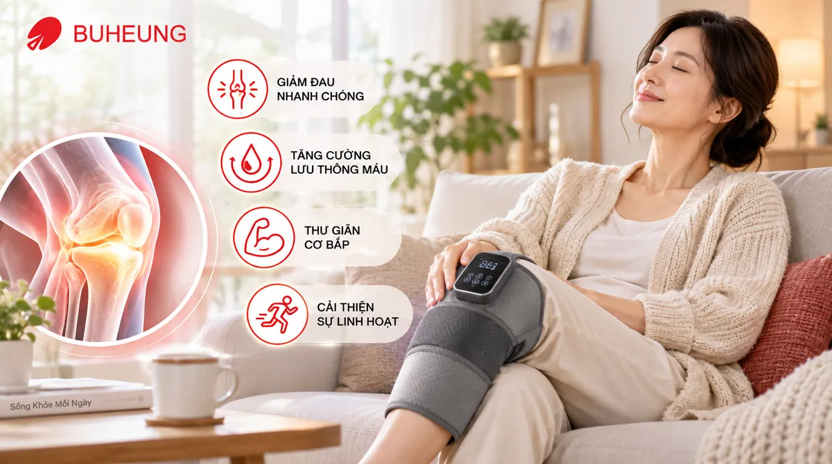 Hình ảnh minh họa tầm quan trọng của việc chăm sóc đầu gối và cảm giác thư giãn, thoải mái sau khi xoa bóp đầu gối với thiết bị massage.