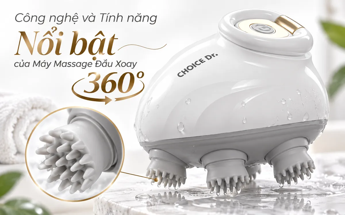 Cận cảnh máy massage đầu với 4 đầu xoay 360° chất liệu silicon y tế, thiết kế công thái học và tính năng chống nước IPX7.