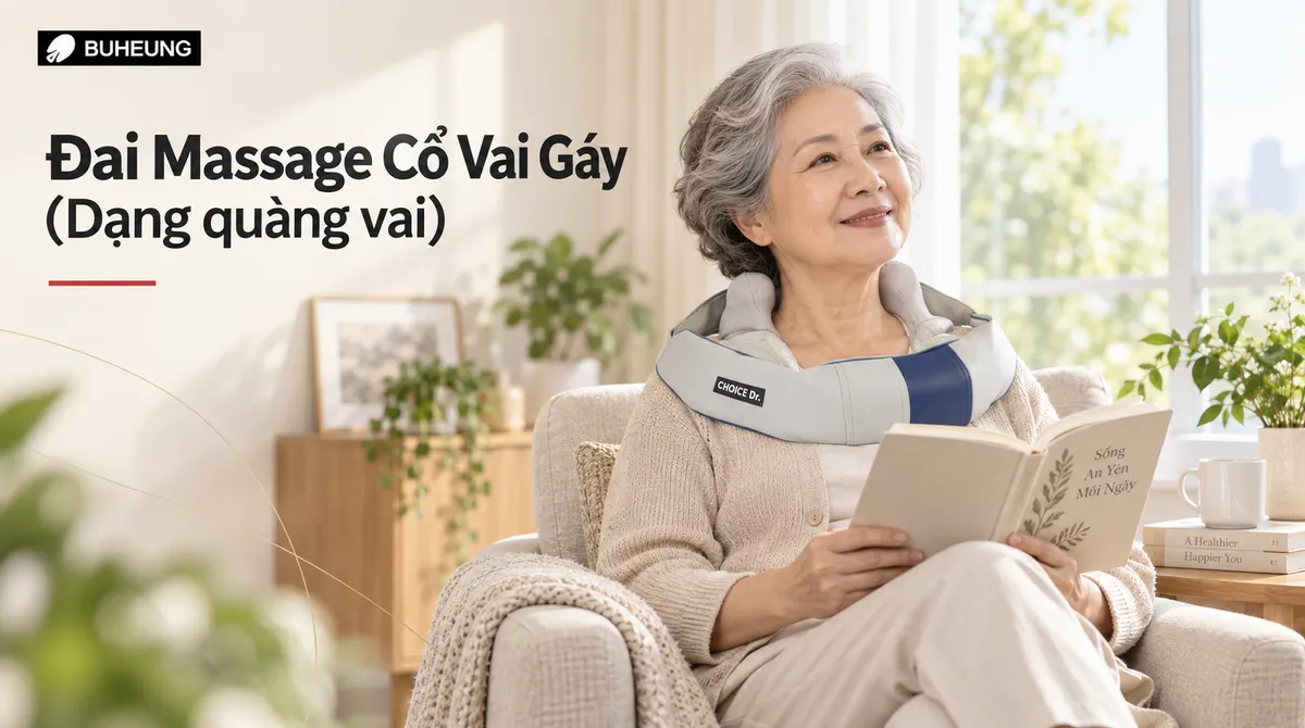 Hình ảnh người phụ nữ lớn tuổi đang thư giãn, đọc sách và sử dụng đai massage cổ vai gáy để giảm đau vai gáy hiệu quả.