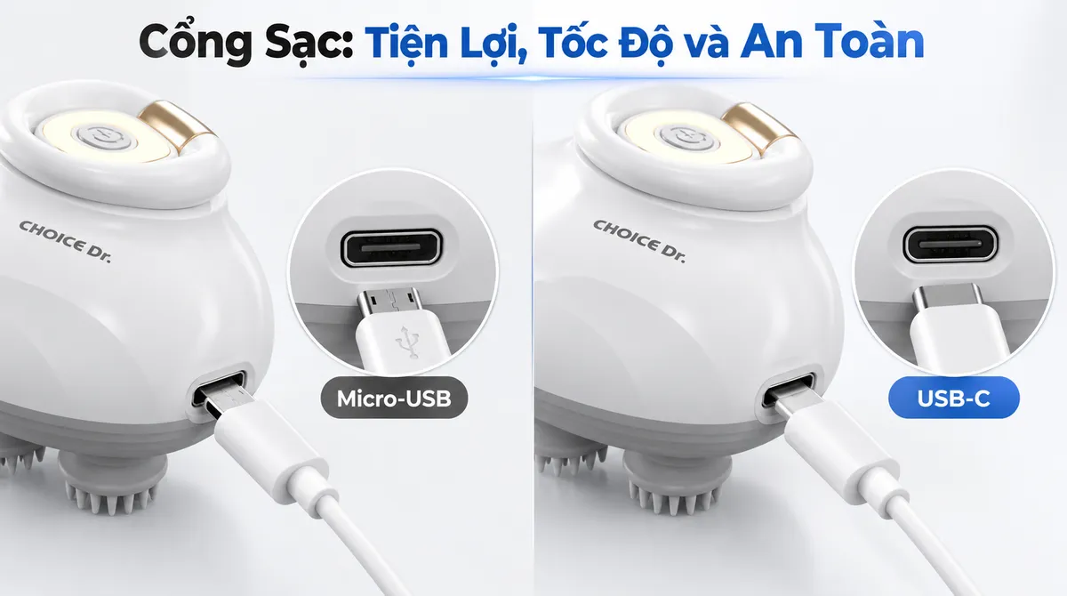 So sánh cổng sạc Micro-USB và USB-C trên máy massage đầu, minh họa sự tiện lợi và tốc độ sạc.