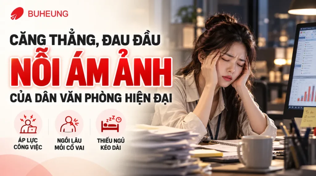 Hình ảnh phụ nữ văn phòng mệt mỏi, căng thẳng vì đau đầu, áp lực công việc, ngồi trước máy tính.