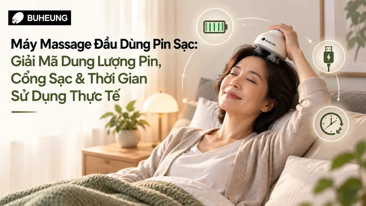 Người dùng thư giãn với máy massage đầu không dây, thể hiện sự tiện lợi của pin sạc và thời gian sử dụng thực tế.
