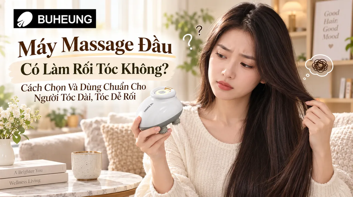 Phụ nữ tóc dài lo lắng liệu máy massage đầu có làm rối tóc không, hình ảnh minh họa băn khoăn khi chọn máy massage đầu an toàn.