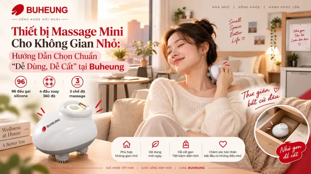 Người dùng đang tận hưởng sự thư giãn với thiết bị massage mini cầm tay trong căn hộ nhỏ của mình, làm nổi bật tính năng dễ dùng và dễ cất của sản phẩm Buheung.