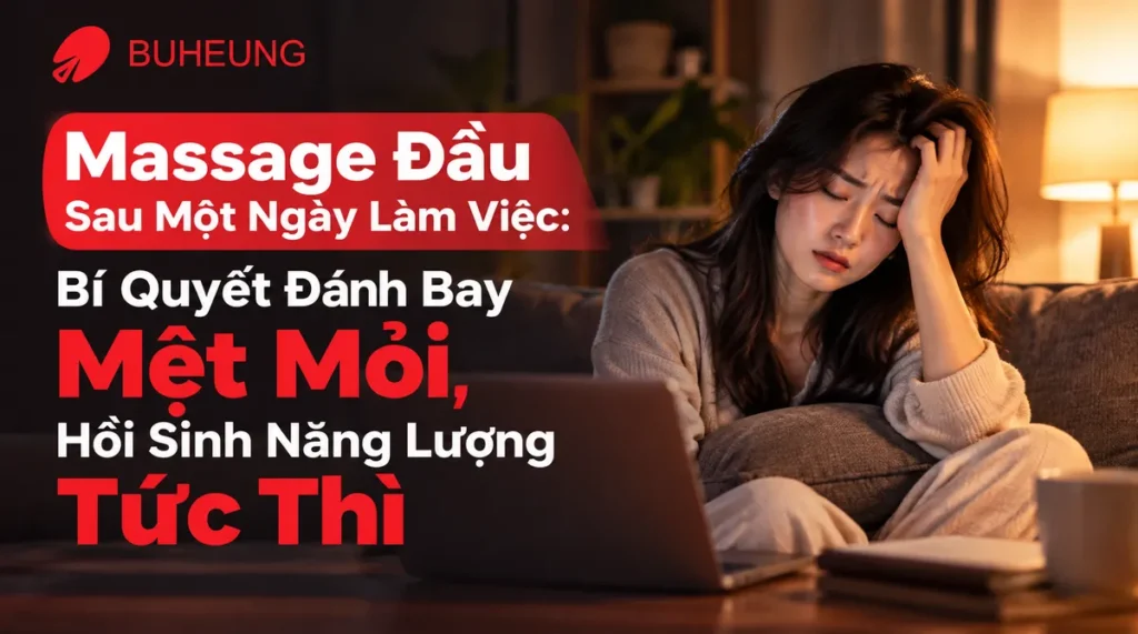 Hình ảnh một người phụ nữ trẻ mệt mỏi, đau đầu sau một ngày làm việc căng thẳng, thể hiện nhu cầu massage đầu để giảm mệt mỏi và phục hồi năng lượng.