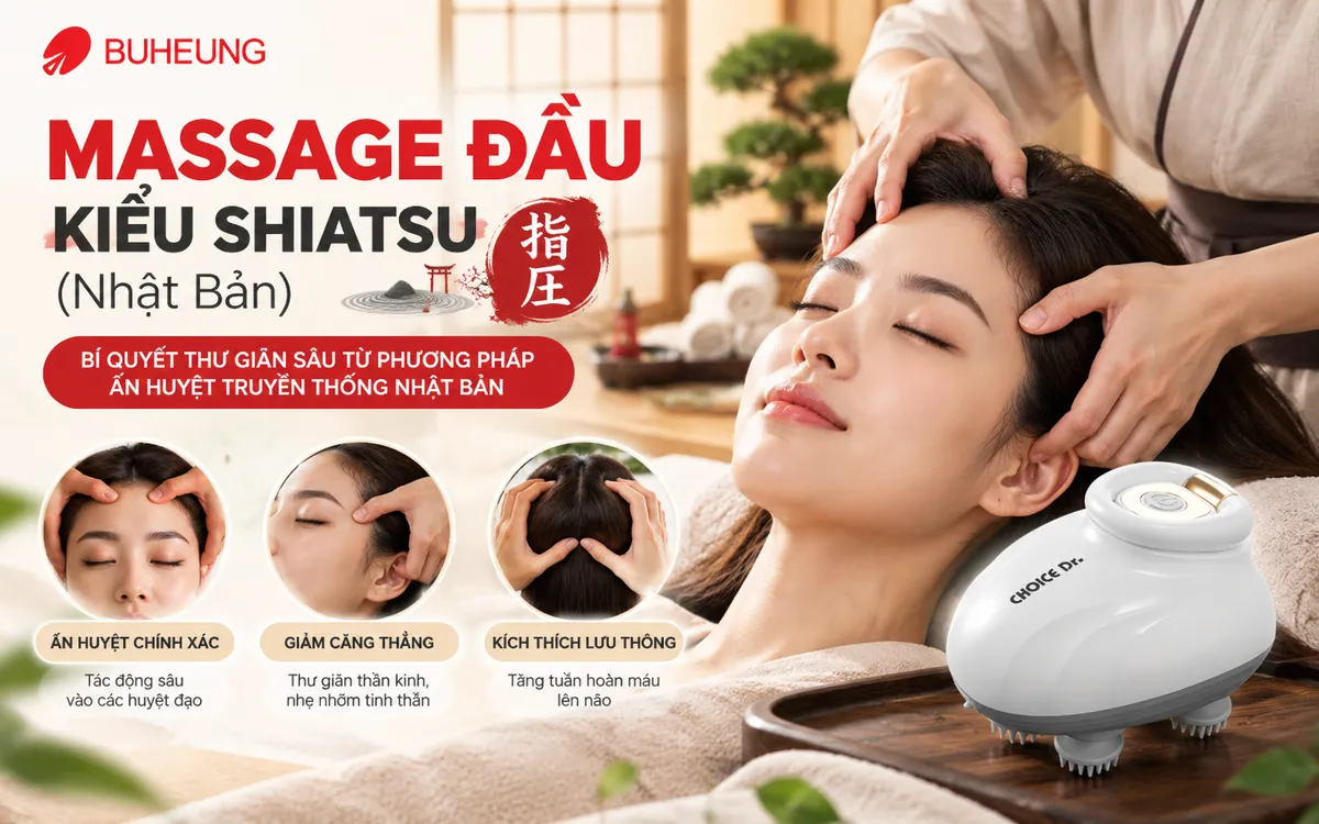 Hình ảnh cận cảnh massage đầu Shiatsu kiểu Nhật Bản, tập trung vào kỹ thuật ấn huyệt chính xác bằng ngón tay để cân bằng năng lượng.