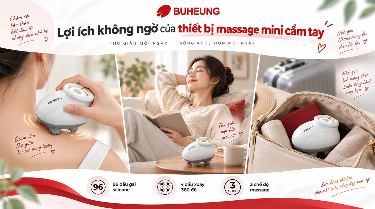 Ảnh minh họa lợi ích máy massage mini cầm tay: giảm đau mỏi cơ, thư giãn sâu và tiện lợi dễ dàng mang đi mọi lúc mọi nơi.
