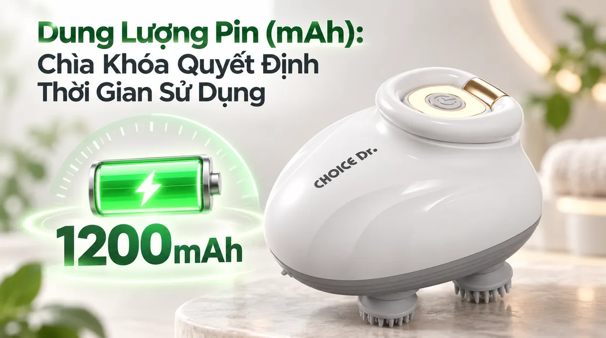 Cận cảnh máy massage đầu hiển thị dung lượng pin mAh, minh họa khả năng lưu trữ năng lượng.