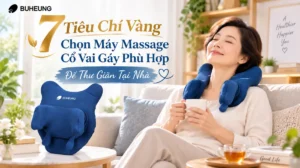 Người phụ nữ thư giãn tại nhà với máy massage cổ vai gáy Buheung, giảm đau mỏi và tận hưởng khoảnh khắc bình yên.