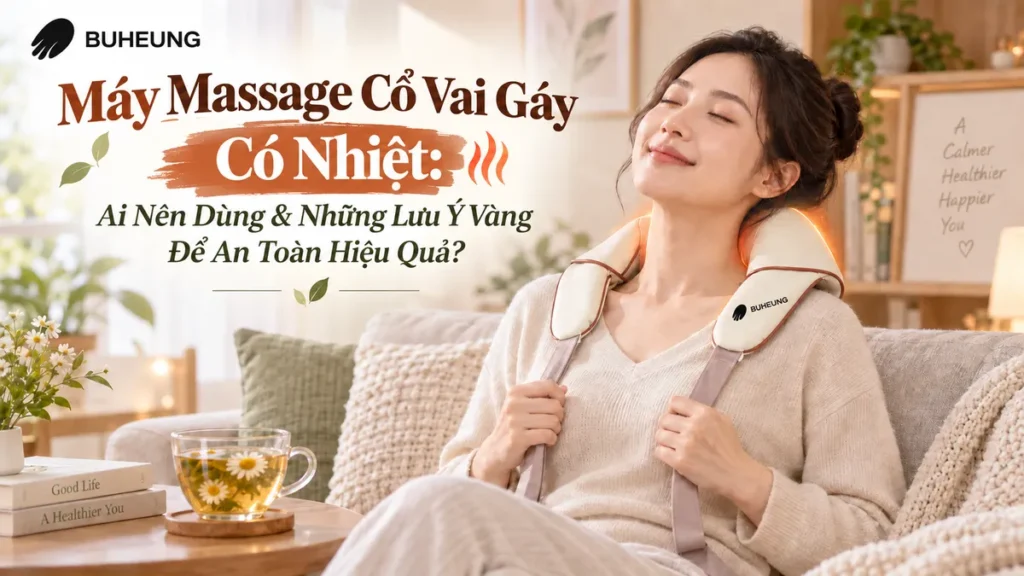 Hình ảnh người phụ nữ đang thư giãn với đai massage cổ vai gáy có nhiệt Choice Dr. DC-016 tại nhà, giảm đau mỏi cổ vai gáy sau giờ làm việc căng thẳng.