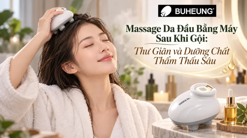 Người phụ nữ thư giãn với máy massage đầu trên tóc ẩm sau khi gội, gương mặt thoải mái tận hưởng sự thẩm thấu dưỡng chất cho tóc và da đầu.
