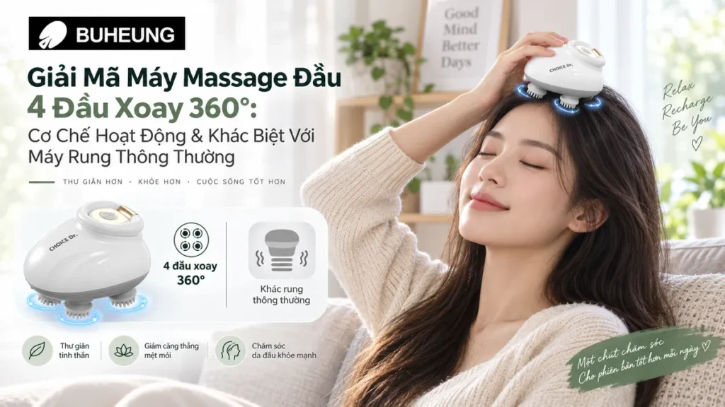 Người phụ nữ/đàn ông thư thái sử dụng máy massage đầu 4 đầu xoay 360° tại nhà, giảm căng thẳng và chăm sóc da đầu hiệu quả.