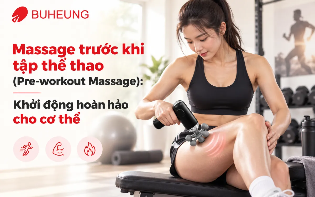 Vận động viên khởi động nhẹ nhàng, sử dụng máy massage dạng súng trước khi tập thể thao để làm nóng cơ.