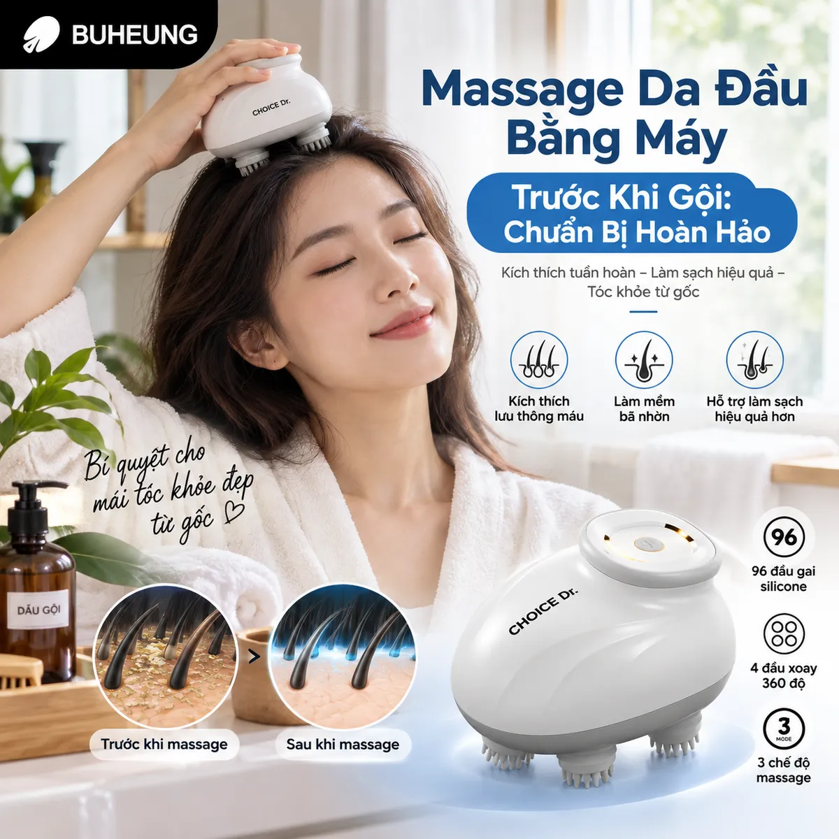 Infographic minh họa các lợi ích của máy massage da đầu: tăng tuần hoàn máu, giảm căng thẳng và giúp tóc chắc khỏe.