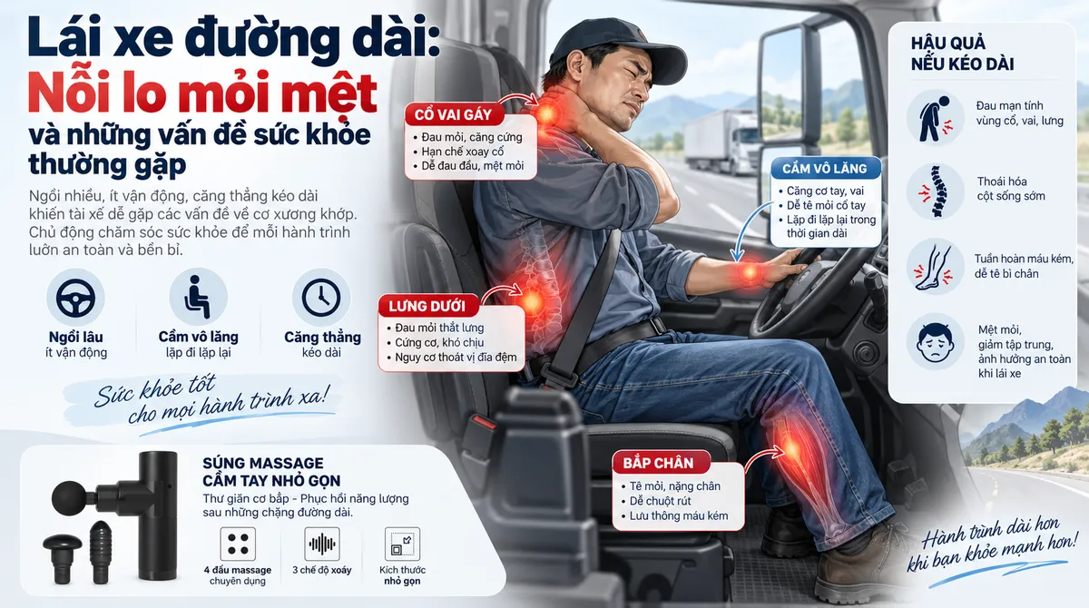 Thiết bị massage mini cho người lái xe đường dài: Nên ưu tiên vùng nào sau khi nghỉ ngơi để phục hồi nhanh nhất? 2 Infographic minh họa các vùng cơ thể tài xế thường đau mỏi: cổ, vai, lưng, chân khi lái xe đường dài