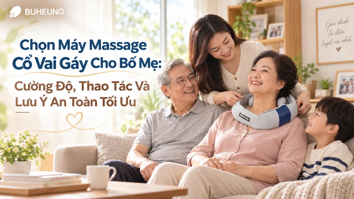 Hình ảnh gia đình Việt quây quần, con cái chăm sóc bố mẹ lớn tuổi bằng máy massage cổ vai gáy, biểu tượng của tình yêu thương và sức khỏe gia đình.