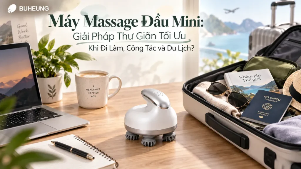 Hình ảnh máy massage đầu mini nhỏ gọn, tiện lợi đặt cạnh laptop và hành lý du lịch, thể hiện tính di động và đa năng cho công việc và chuyến đi.