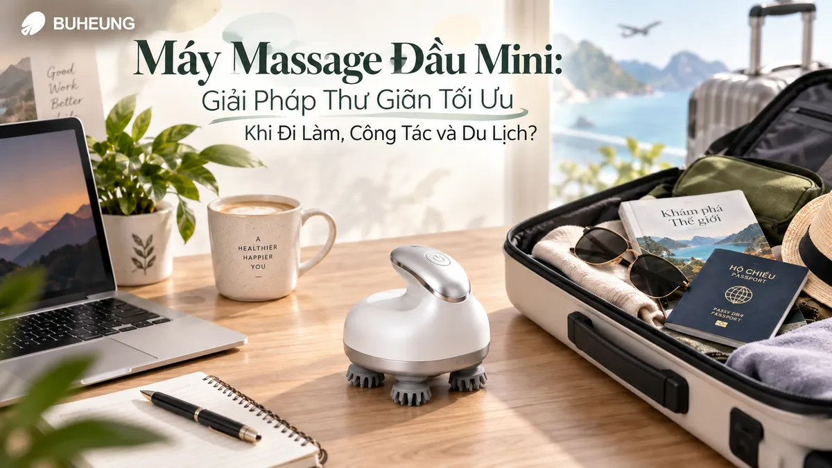 Hình ảnh máy massage đầu mini nhỏ gọn, tiện lợi đặt cạnh laptop và hành lý du lịch, thể hiện tính di động và đa năng cho công việc và chuyến đi.