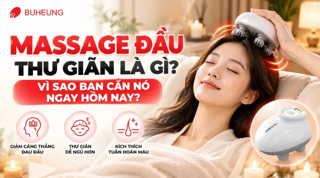 Massage Đầu Thư Giãn: Bí Quyết Giải Tỏa Căng Thẳng, Đánh Thức Năng Lượng Tinh Thần & Thể Chất Toàn Diện 2 Hình ảnh massage đầu thư giãn, một người phụ nữ đang tận hưởng liệu pháp với máy massage đầu Choice Dr. DC-005 trong không gian spa yên tĩnh, giúp giảm căng thẳng và lo âu.