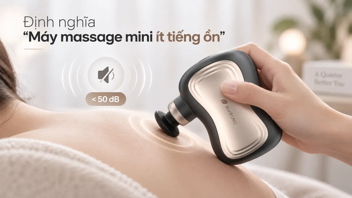 Cận cảnh máy massage mini ít tiếng ồn đang hoạt động, minh họa độ ồn thấp với ký hiệu dB, nhấn mạnh sự yên tĩnh và hiệu quả.