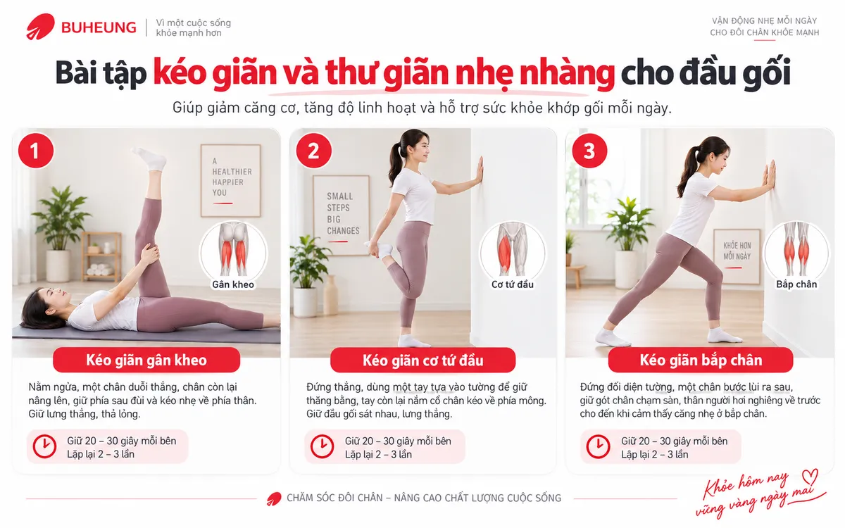 Hình ảnh minh họa chi tiết các bài tập kéo giãn cơ gân kheo, cơ tứ đầu và bắp chân giúp thư giãn đầu gối, cải thiện độ linh hoạt.