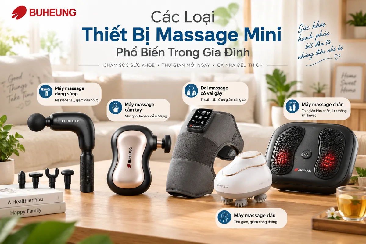 Có Nên Dùng Chung Thiết Bị Massage Mini Gia Đình? Phân Tích Chuyên Sâu Từ Buheung 2 Tổng hợp các loại máy massage mini Buheung phổ biến: máy massage dạng súng, cầm tay, cổ vai gáy, đầu và chân, trưng bày tại nhà.