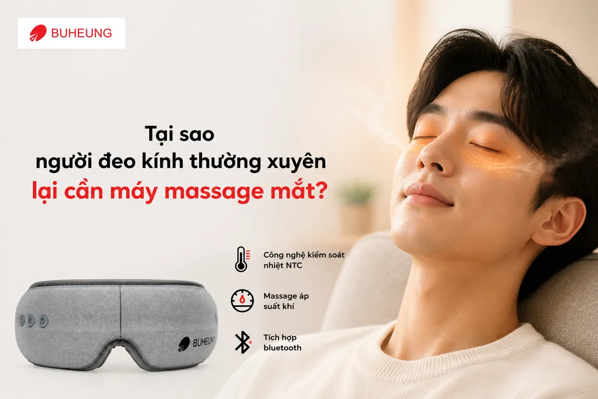 Đôi mắt được massage thư giãn sâu, gương mặt bình yên, thể hiện hiệu quả của máy massage mắt cho người đeo kính.