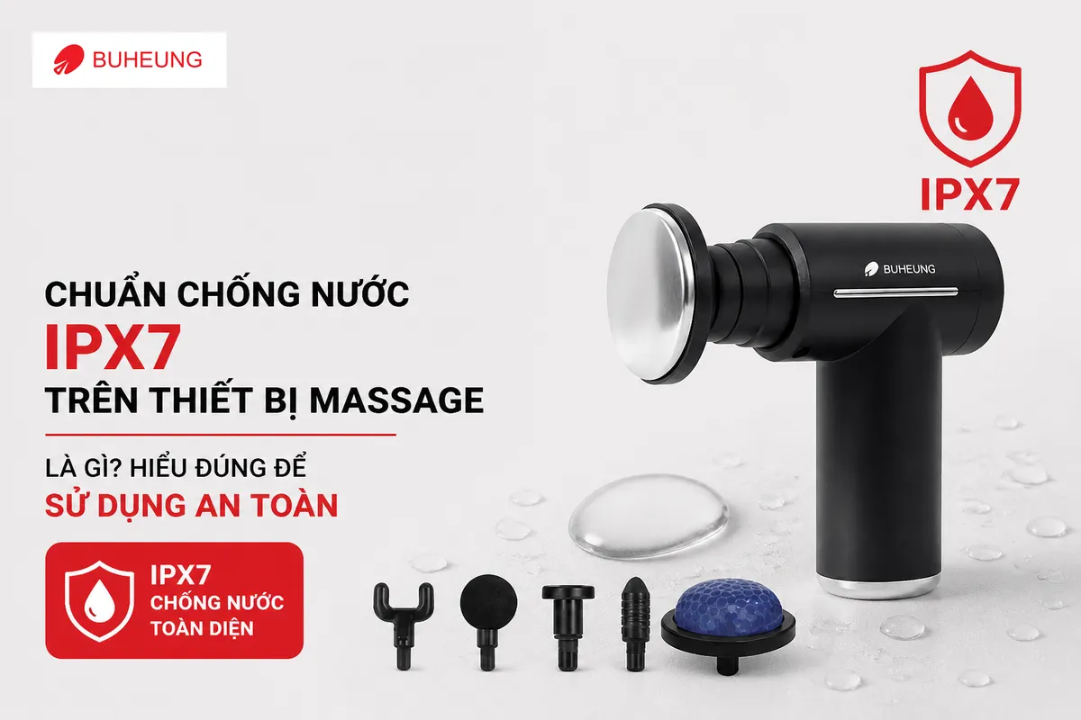 Thiết bị massage cầm tay hiện đại đạt chuẩn chống nước IPX7, minh họa về tính năng an toàn và dễ vệ sinh.