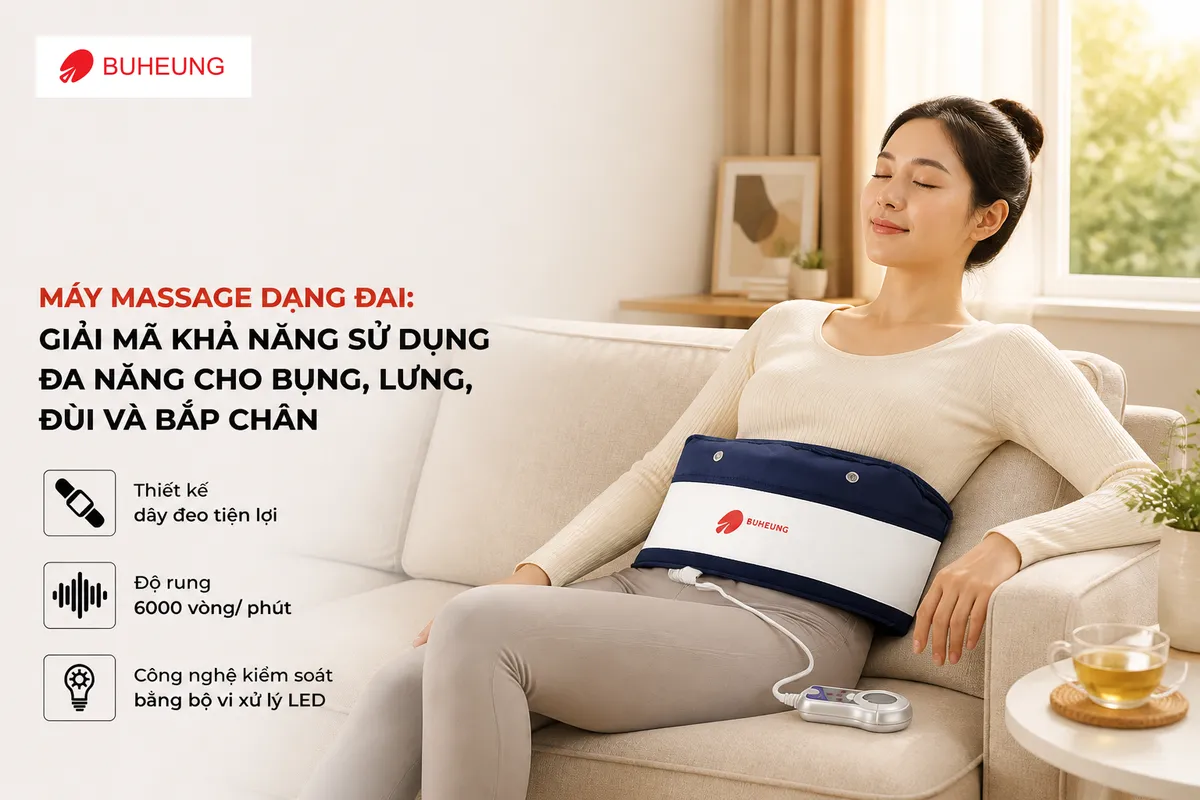 Máy Massage Dạng Đai: Giải Mã Khả Năng Sử Dụng Đa Năng Cho Bụng, Lưng, Đùi và Bắp Chân 1 Người đang thư giãn thoải mái với đai massage đa năng tại nhà, giúp giảm đau mỏi và thư giãn toàn thân.