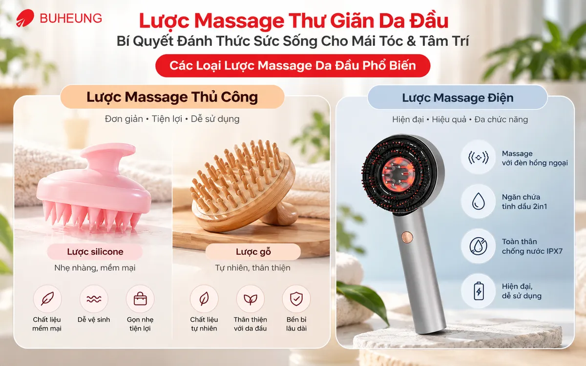 So sánh trực quan giữa lược massage da đầu thủ công (silicone, gỗ) và lược massage điện Buheung MK-342.