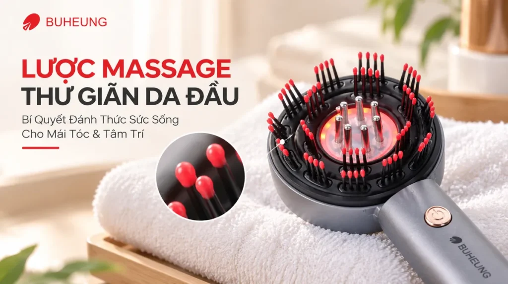 Cận cảnh lược massage da đầu Buheung MK-342 với đầu gai silicone mềm mại, an toàn và hiệu quả cho da đầu.