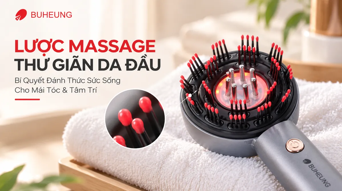 Cận cảnh lược massage da đầu Buheung MK-342 với đầu gai silicone mềm mại, an toàn và hiệu quả cho da đầu.