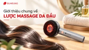 Lược massage da đầu tổng thể đặt cạnh mái tóc khỏe mạnh, óng mượt