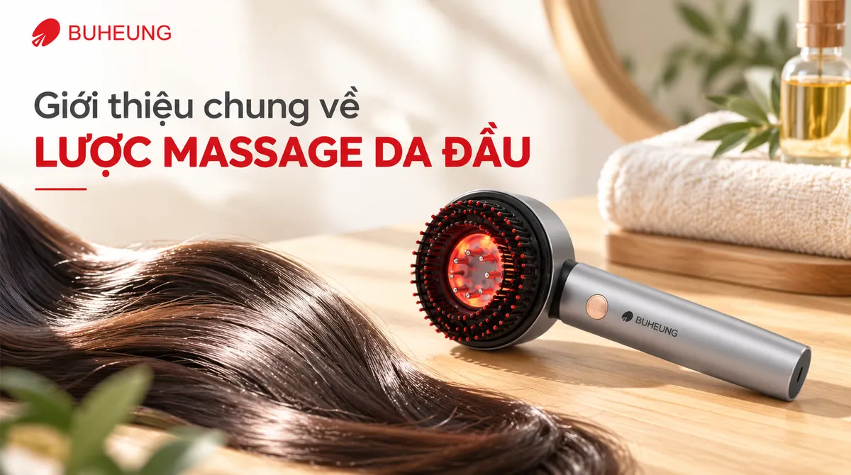 Lược massage da đầu tổng thể đặt cạnh mái tóc khỏe mạnh, óng mượt