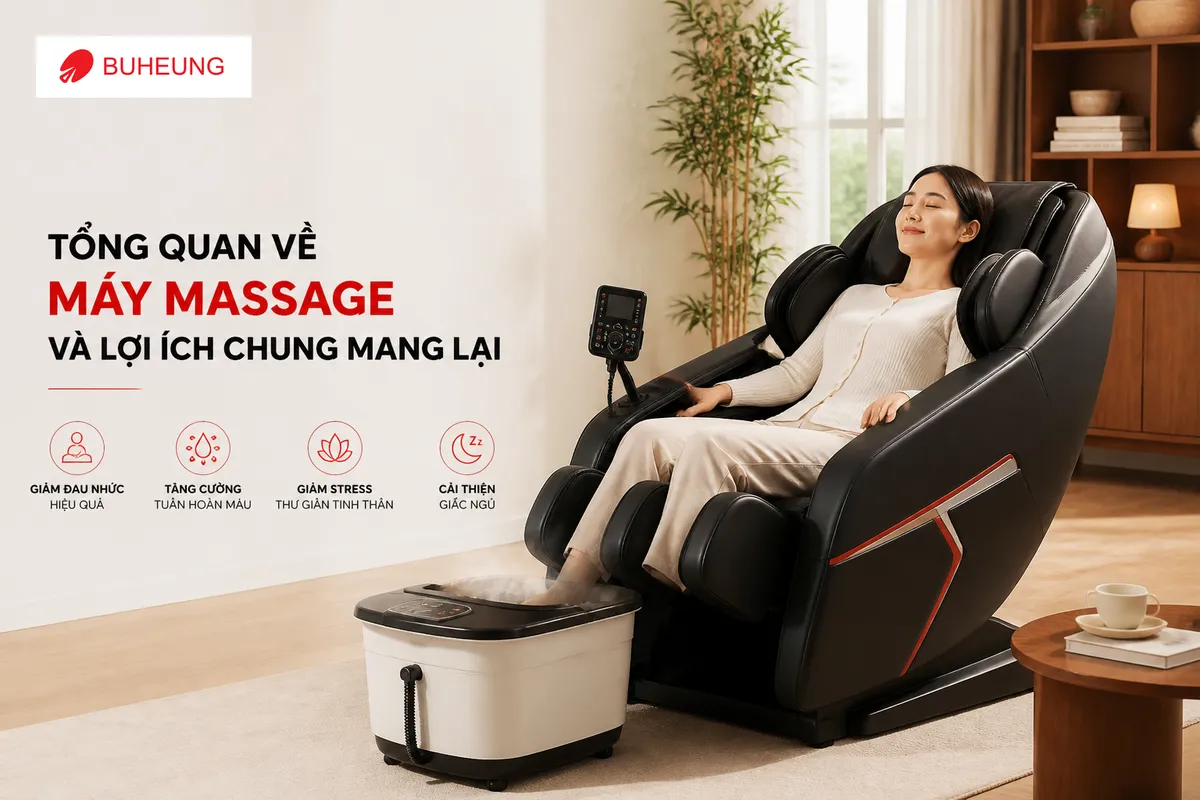 Nên Chọn Máy Massage Theo Cơ Chế Nào: Rung, Xoay, Ép Khí Hay Làm Ấm? Phân Tích Chuyên Sâu 2 Một người đang thư giãn với máy massage, tận hưởng sự thoải mái, giảm căng thẳng và cải thiện sức khỏe toàn diện.
