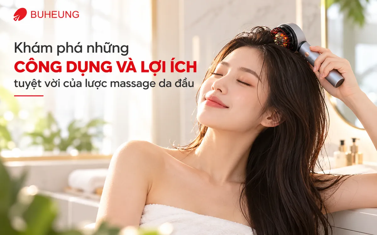Người phụ nữ trẻ thư giãn với lược massage da đầu Buheung, mái tóc khỏe đẹp, biểu cảm hạnh phúc và yên bình.